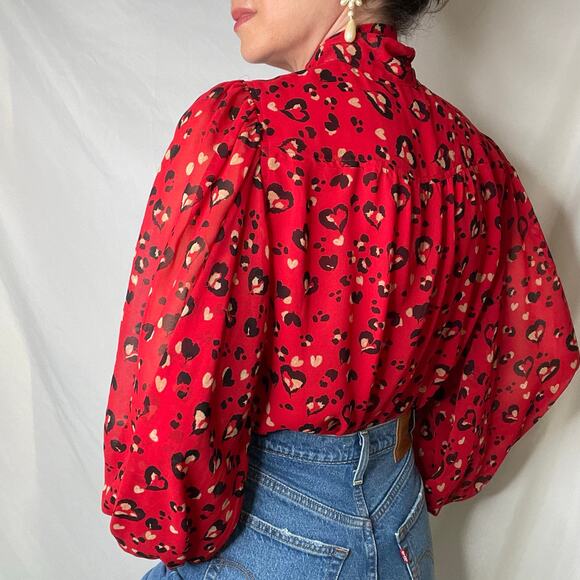 Chico’s heart animal leopard print blouse‎ tie neck bow balloon sleeve red black - Picture 13 of 17
